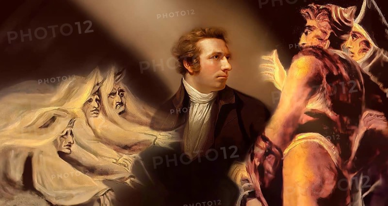 Henry Fuseli or Johann Heinrich Füssli, 1741 – 1825, Swiss painter, draughtsman and writer, digitally edited after Northcote, 1778, Prophecy from the witches, scene from The Tragedy of Macbeth by William Shakespeare
