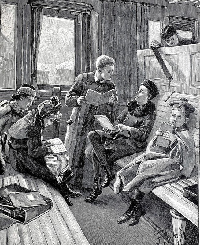 Scene with children reading or talking in a railroad compartment and on their way to school, 1890, Germany, illustration, reproduction from a 19th-century model. Authentic, file restored for optimal use, exact date of submission unknown, historical