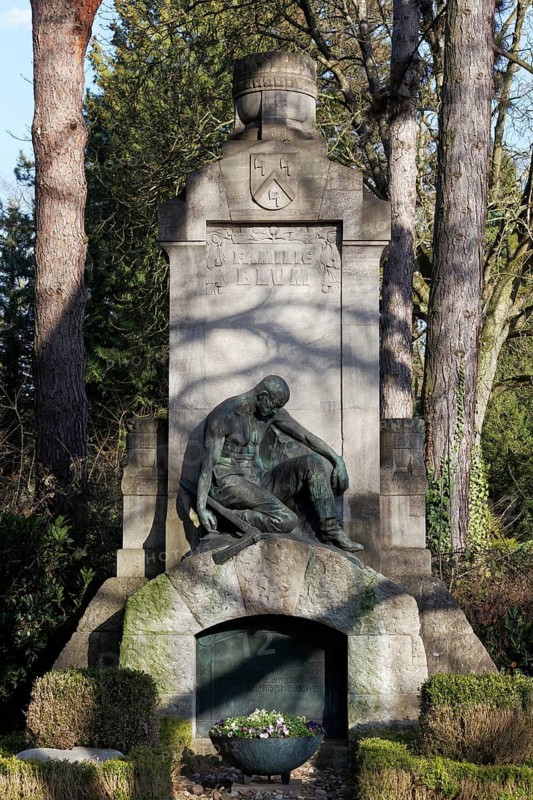 Historical tomb of the Blum family, miner sitting on a pit entrance, Melaten cemetery, Cologne, North Rhine-Westphalia, Germany