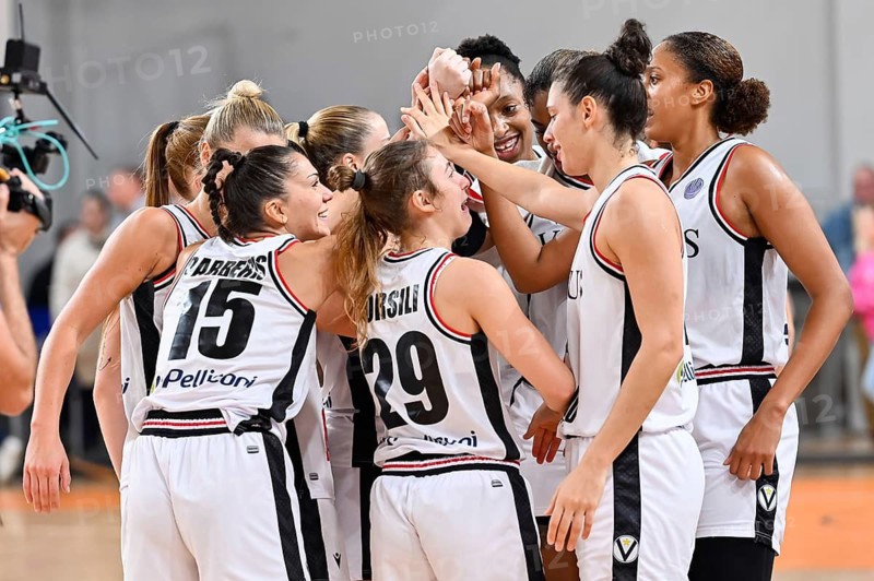 POLKOWICE, POLAND - NOVEMBER 9, 2022: Baskteball match EuroLeague Women between BC Polkowice - Virtus Segafredo Bologna. Joy team of Virtus after won the match.