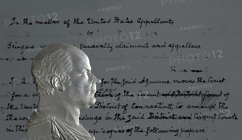 Portrait after a medal of John Quincy Adams, 6th president of the United States, his request for papers relating to the Lower Court Trials of the Amistad Africans