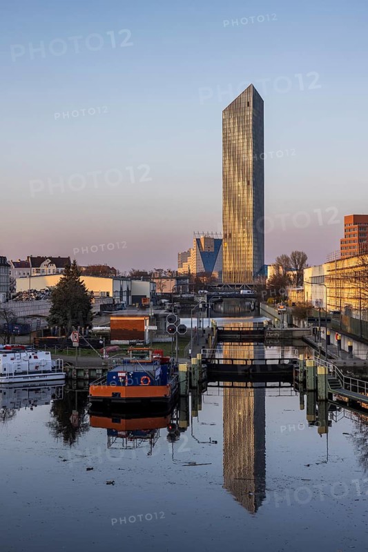 Estrel Tower, the tallest building in Berlin at 176 meters, planned opening as part of the Estrel Hotel at the end of 2026, view from Neukölln Harbour, Neukölln, Berlin, Germany