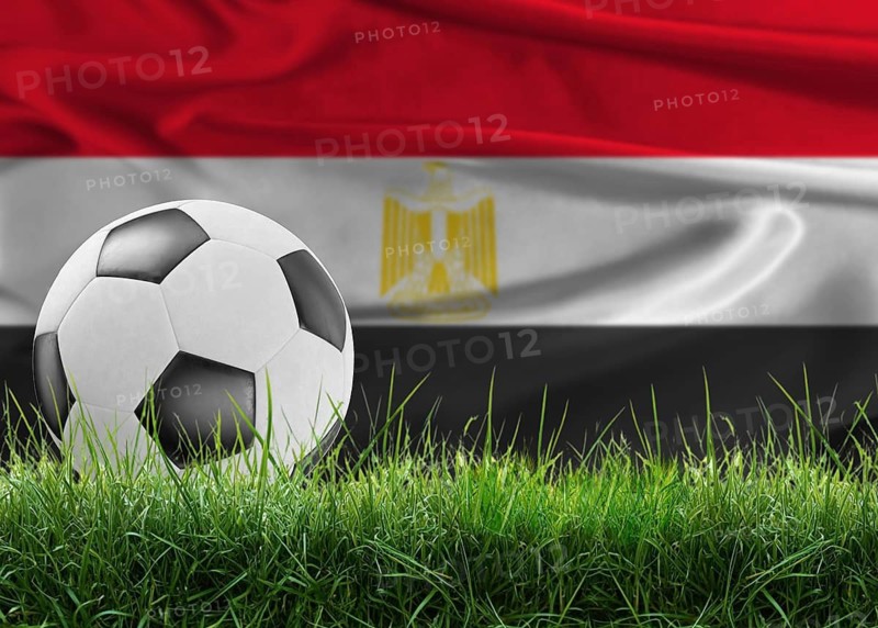 Soccer ball on pitch against Egyptian flag in the background. Soccer ball on the grass with Egypt flag in the background