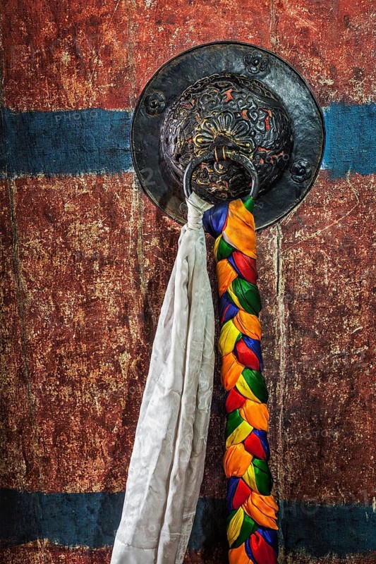 Decorated door handle of gates of Thiksey gompa (Tibetan Buddhist monastery) . Ladakh, India