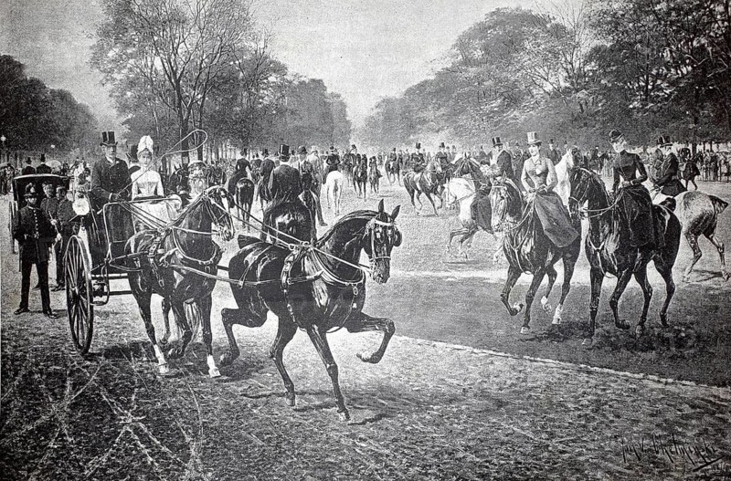 Historic scene on Rotten Row, a famous bridleway on the southern edge of London's Hyde Park. In the 18th and 19th centuries, Rotten Row was the meeting place of London's high society. They presented their finest clothes, most expensive carriages and noblest horses, England, authentic, digitally restored reproduction from a 19th century model, exact date of depiction unknown, historical, A carriage with horses passes through a busy park full of people