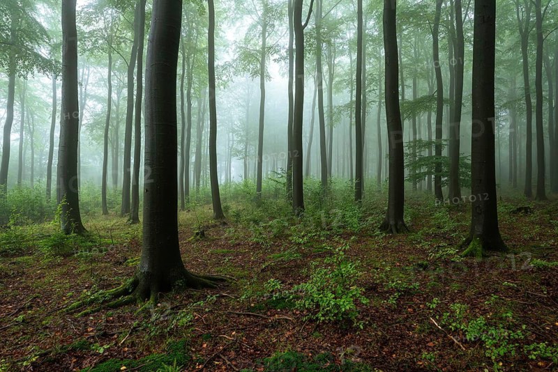 Forest shrouded in mist, tall trees, mystical and peaceful atmosphere, fresh air, wide open view, Winterberg, Eschenbruch, North Rhine-Westphalia, Germany