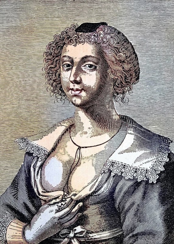 Dutch Dirne in typical traditional costume, prostitute, copperplate engraving, 17th century, Holland, Historic, digitally restored reproduction of a 19th century original, exact original date not known