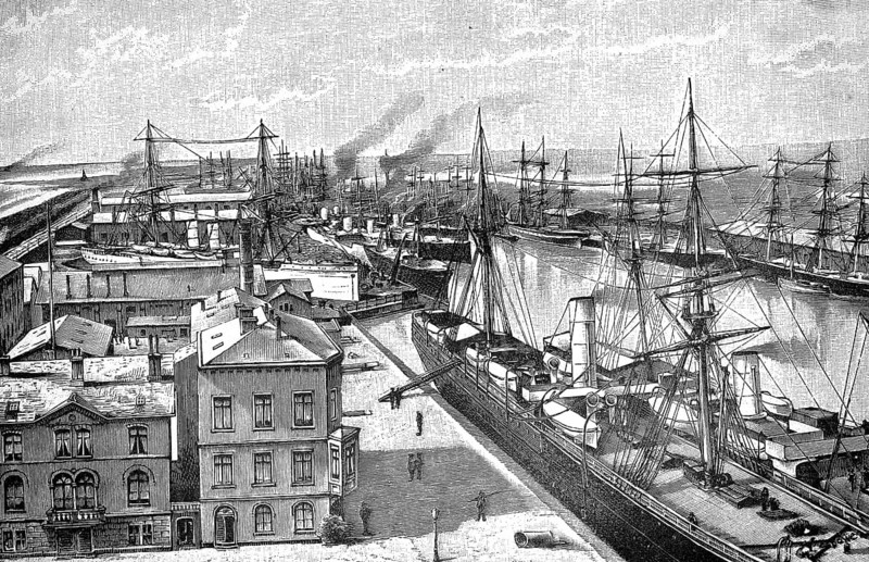 The Kaiserhafen der Bremer Lloyd, 1890, Bremen, Germany, illustration, reproduction from a model from the 19th century. Authentic, file restored for optimal use, exact date of submission unknown, historical