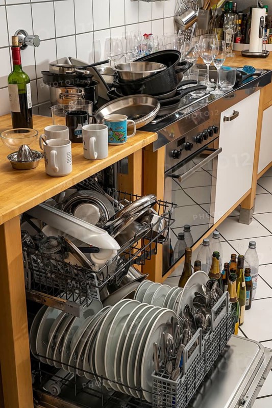 Kitchen after a big dinner, cooking party, dishwasher, full, with cleaned dishes, dirty glasses, pots, cooking utensils on the sink, waiting to be washed
