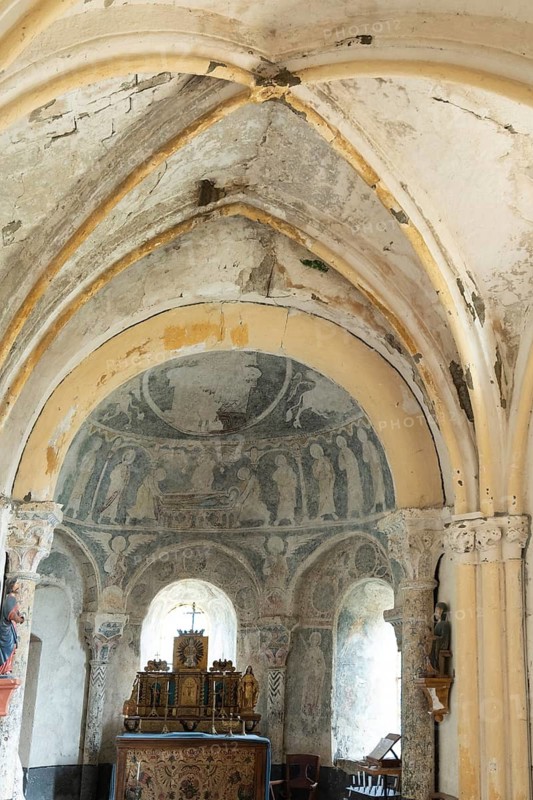 Aubazat. Wall paintings of the Romanesque style in Saint-Barthélemy chapel located in Peyrusse, Haute-Loire, Auvergne-Rhone-Alpes, Franc