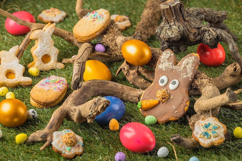 Colourful Easter eggs and cookies around natural wood structures in a meadow