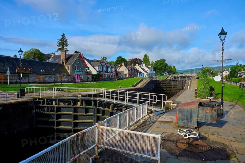 Colourful houses along a lock under clear sky, Caledonian Canal, Fort Augustus, Loch Ness, Scotland, United Kingdom, Great Britain