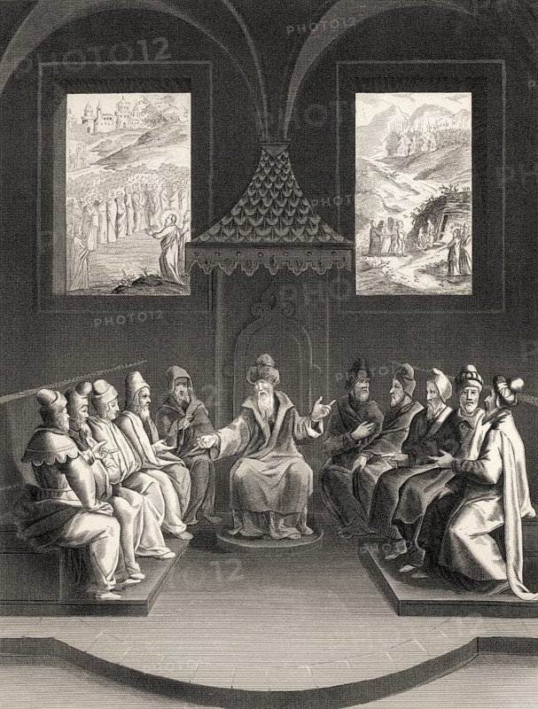The Pharisees plan to kill Jesus Christ, New Testament, steel engraving 1853, digitally restored