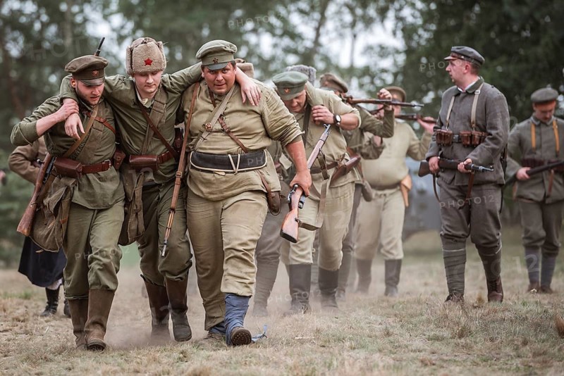 LUBIN, POLAND - AUGUST 8, 2020:, A staging of the Battle of Warsaw from 1920, in which the Polish army defeated the Bolshevik aggression. On picture Soviet soldiers