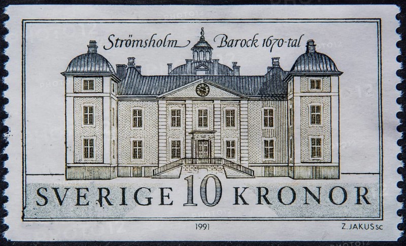Strömsholm Castle in Västmanland County dates back to the 16th century, but the current building is from the 18th century. Sweden, Scandinavia. Picture on Swedish postage stamp