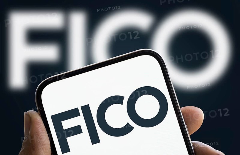 FICO logo is displayed on smartphone. FICO is an American data analytics company.