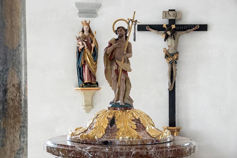 Baptism font, baptistery, parish church, baroque basilica of St. Mang, interior view, Füssen, Ostallgäu, Allgäu, Bavaria, Germany