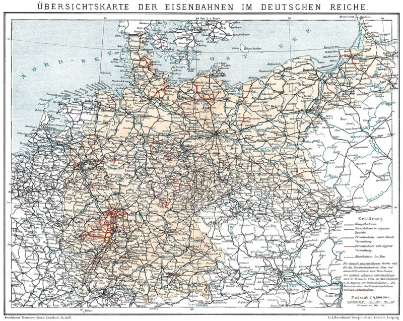 Historical map of German Empire, 1894, state railways and private railways, Historische Landkarte, Deutsches Reich, 1894, staatliche und private Eisenbahnstrecken