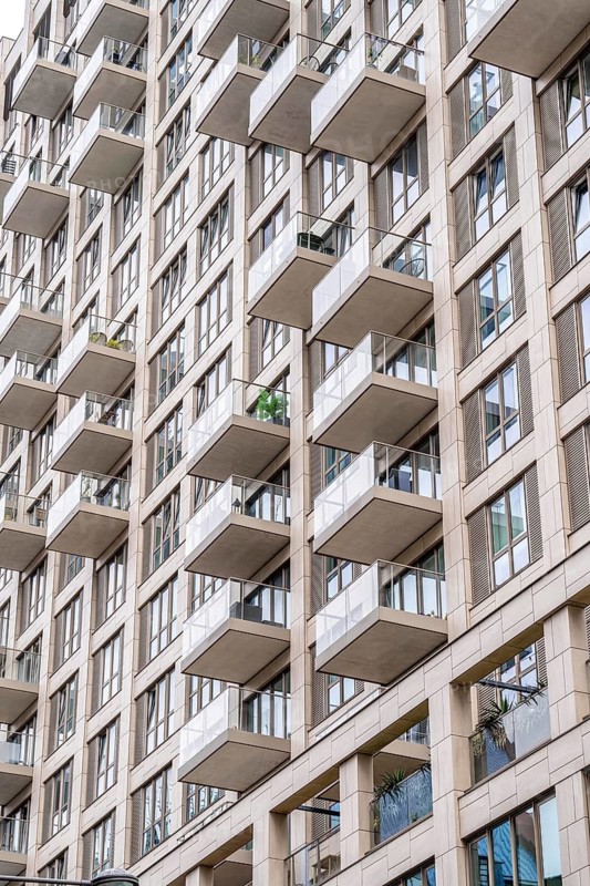 Facades with balconies of high-rise residential buildings, at the Turfmarkt, in the city centre near the central station, Skyline, in the city centre of The Hague, Netherlands