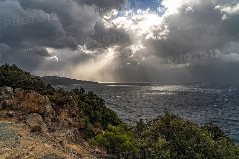 A thunderstorm is coming on the west coast of Cap Corse, Corsica, France