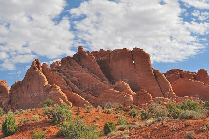 Impressive red rock formation against a slightly cloudy sky, Arches National Park, Utah, USA