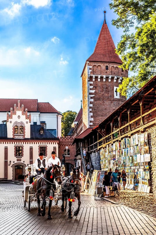 Florian's Gate with city wall and defensive towers, Krakow, Poland