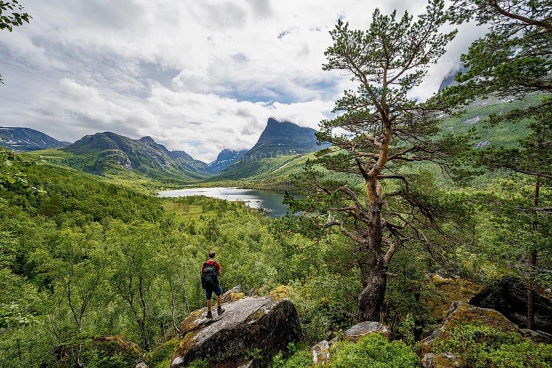 Young man standing on rocks, Innerdalen high valley with lake Innerdalsvatna, mountains, right Innerdalstårnet, Trollheimen, Sunndal, Møre og Romsdal, Vestlandet, Norway
