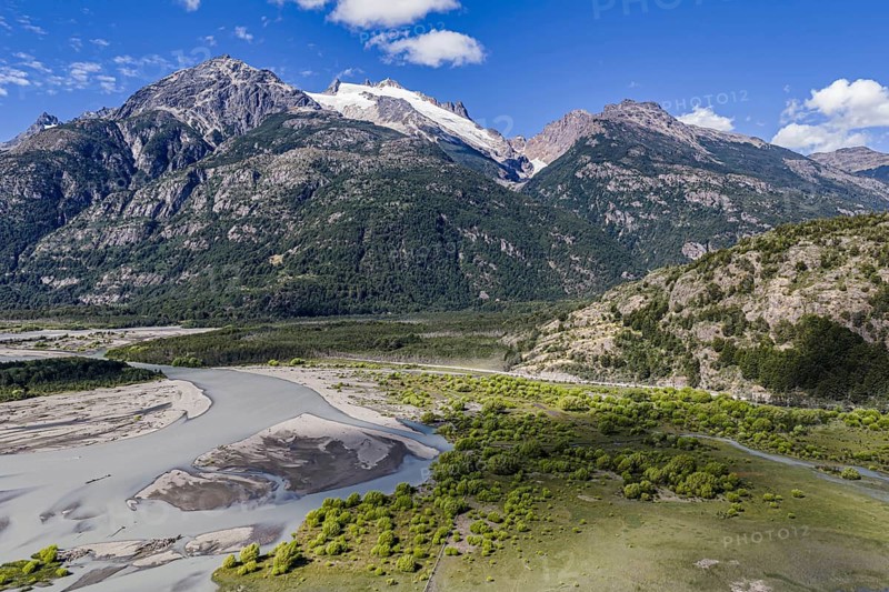 Road Carretera Austral, gravel road along river Rio Baker, south of Cochrane, aerial view, Patagonia, Chile