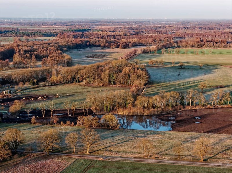 Landscape in the Drömling UNESCO Biosphere Reserve in the Altmark early in the morning on a cold spring day. aerial view. Dannenfeld, Gardelegen, Saxony-Anhalt, Germany