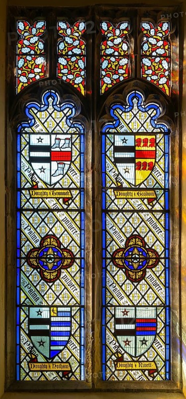 Stained glass window Doughty family crest by Thomas Willement c 1843, Theberton church, Suffolk, England, UK