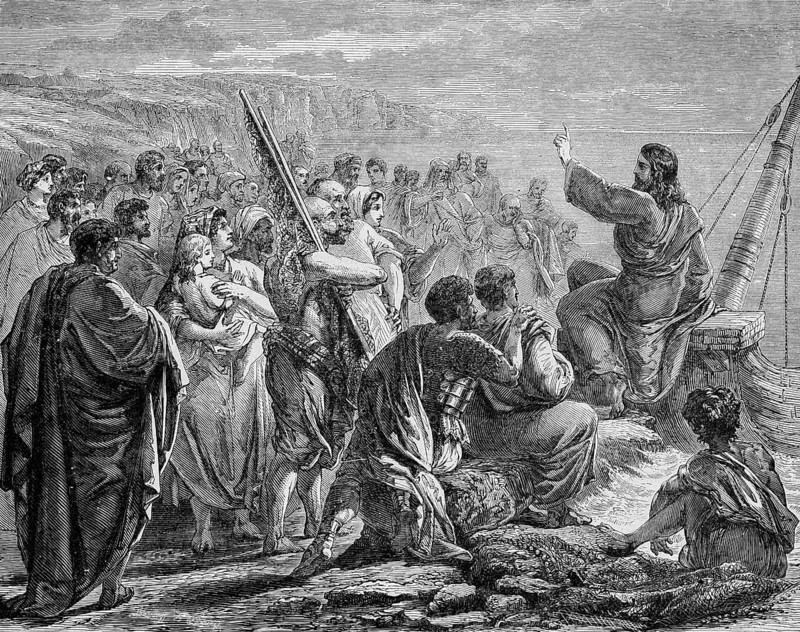 Jesus sea sermon, chapter 13, verse 2, shore, people, crowd, listener, parable, speech, preaching, arm, index finger raising, soldier, men, woman, child, fishing boat, fishing nets, Matthew Gospel, New Testament, Bible, historical illustration 1850