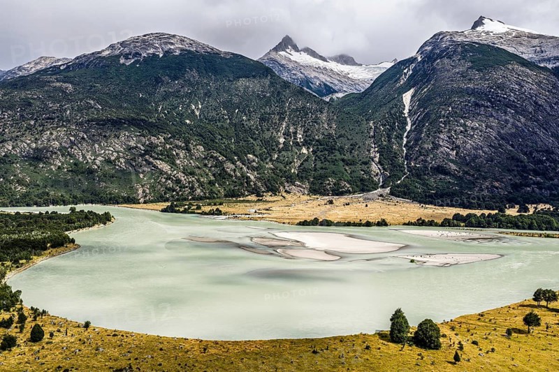 Aerial view over Rio Baker at the Rio Nadis mountain range south of Cochrane, Patagonia, Chile