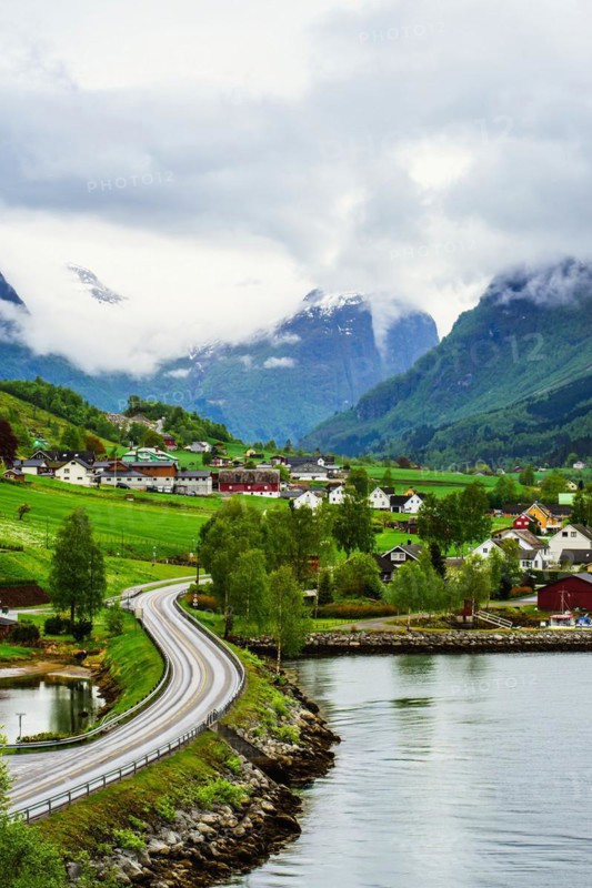 Mountains and Fjord over Norwegian Village, Olden, Innvikfjorden, Norway