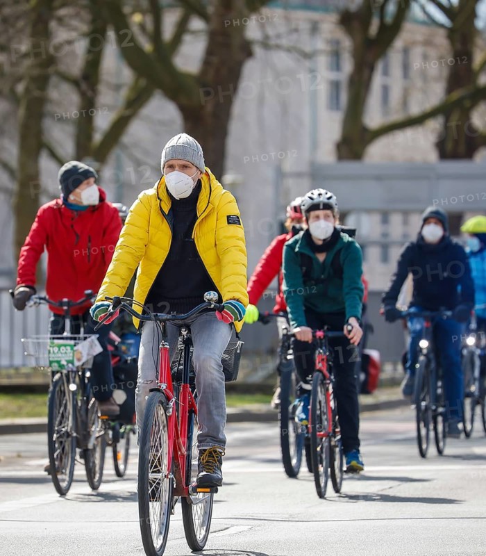 Essen, North Rhine-Westphalia, Germany - Fridays for Future, climate activists demonstrate in times of the corona pandemic corona-compliant with mask and distance under the motto #NoMoreEmptyPromises in the form of a bicycle demonstration