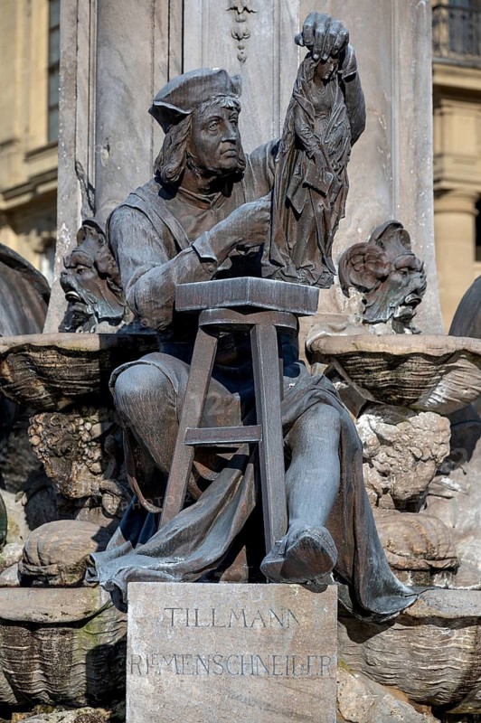 Tilmann Riemenschneider fountain figure on the Frankoniabrunnen, neo-baroque, created in 1894, Residenzplatz, Würzburg, Lower Franconia, Bavaria, Germany