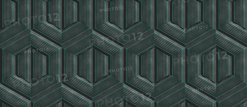 A detailed 3D geometric pattern featuring hexagonal stripes, forming a seamless and elaborate design suitable for wallpapers and backgrounds. The dark color scheme and angular contours highlight a modern aesthetic