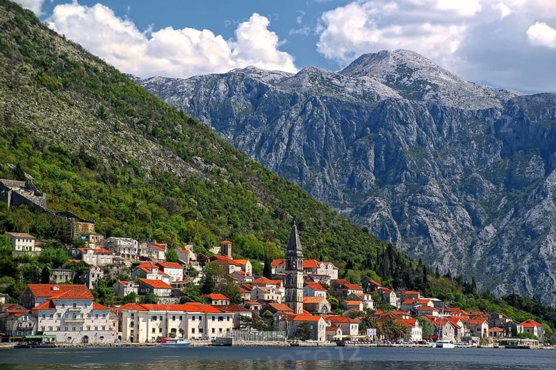 Montenegro, Gospa island, view of Perast, Montenegro