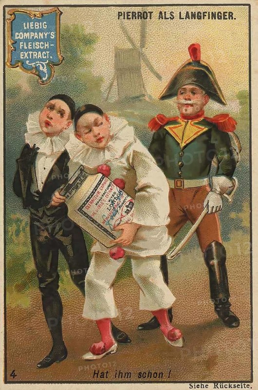 Series Stories of Pierrot, as thief, long finger, the policeman has caught him, Liebig picture, digitally restored reproduction of a collector's picture from ca 1900, public domain, exact date unknown, Pierrot is caught by a soldier and held next to windmills