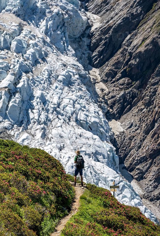 Mountaineer on a hiking trail in front of a glacier, glacier tongue Glacier de Taconnaz, Chamonix, Haute-Savoie, France
