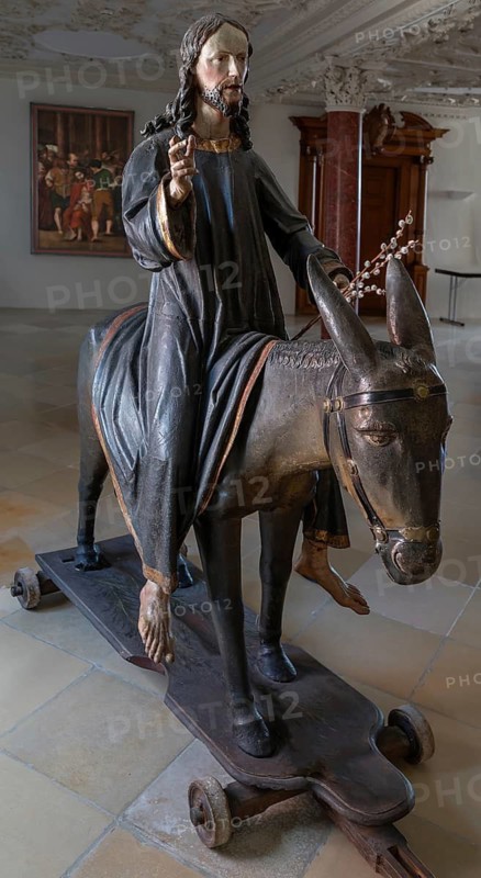 Christ on the palm donkey, detail, wooden figure from around 1880, Dominican convent in Wettenhausen, Swabia, Bavaria, Germany