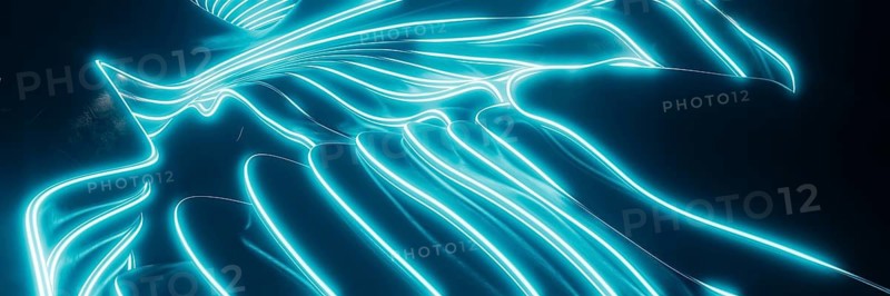 This mesmerizing illustration features dynamic glowing neon lines flowing across a dark background, creating a sense of futuristic elegance and energy