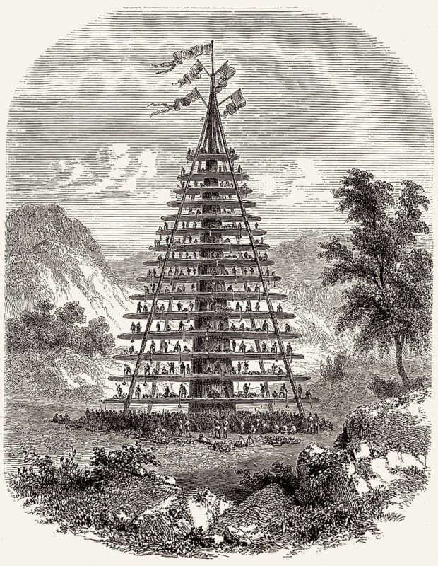 Eine riesige Hakari-Festbühne, Maori, Neuseeland, 19.