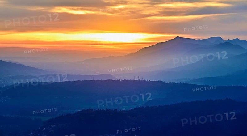 View of the Jura foothills from the Gisliflue, in the light of the setting sun, Talheim, Canton, Aargau, Switzerland