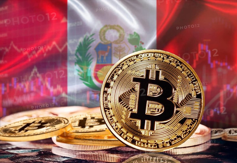 Bitcoin with Peruvian flag in the background. Investors in cryptocurrency and Blockchain Technology in Peru, Concept