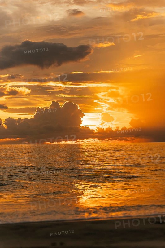 Majestic golden sunset over the ocean in Bali, Indonesia, reflecting vibrant hues of orange and gold in the sky and water, creating a breathtaking and tranquil scene