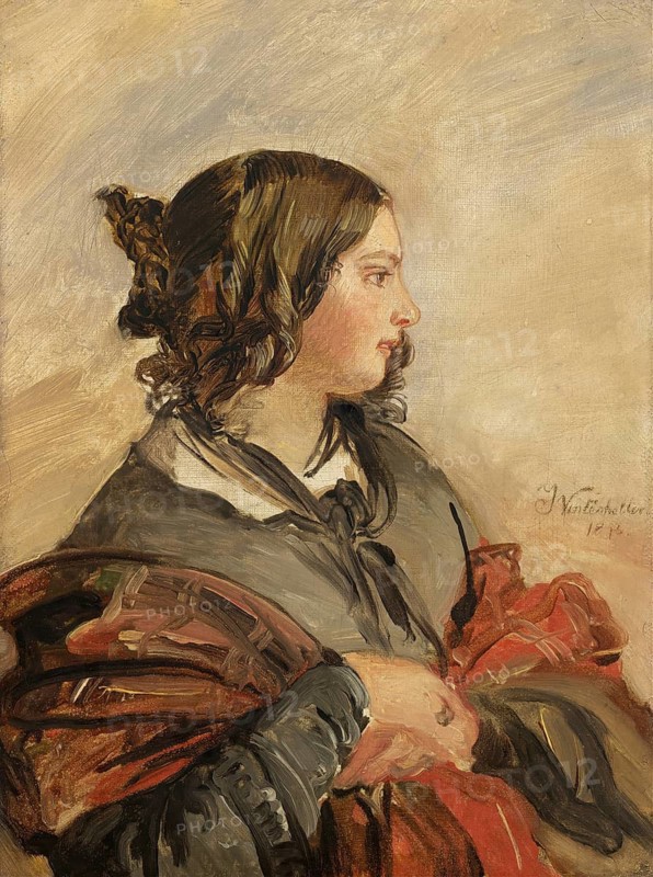 Franz Xaver Winterhalter (20 April 1805 - 8 July 1873), German painter, he was one of the most sought-after and famous portrait painters, here his work:, portrait of the Young Queen Victoria (1843), Painting, Reproduction of the painting, Work of art, Historical, Woman with curly hair in festive dress against a rustic background