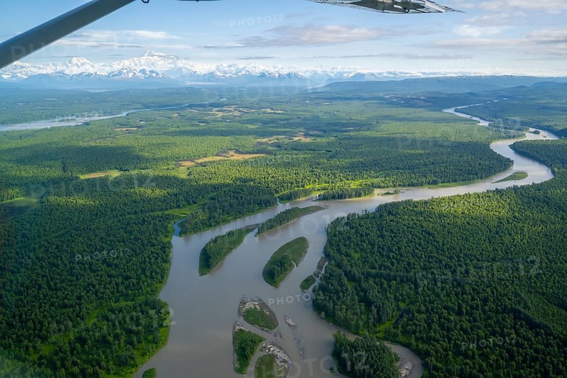 Aerial view, Talkeetna River, forest and view of the Alaska Range with Mt. Denali, view over Denali National Park, Alaska, USA