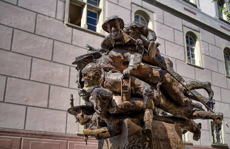 The printed Allgäu or Spuckbrunnen, Altstadt, Wangen im Allgäu, Bavaria, Germany