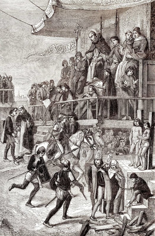 Ein auto-da-fé oder auto-de-fé, das Ritual der öffentlichen Buße für verurteilte Ketzer und Abtrünnige, Spanische Inquisition, Sevilla, Spanien, 1481