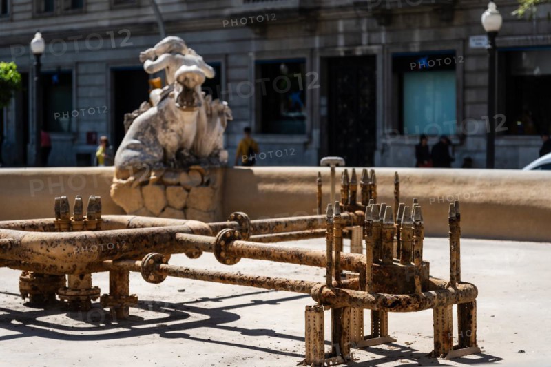 Pipes in an empty fountain due to the acute water shortage in Tarragona, Spain